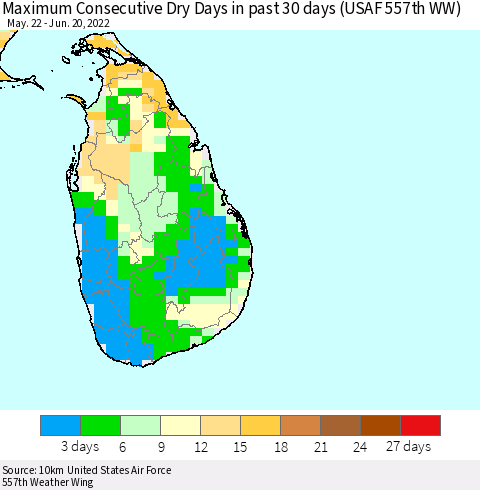 Sri Lanka Maximum Consecutive Dry Days in past 30 days (USAF 557th WW) 06/20/2022 Thematic Map For 6/16/2022 - 6/20/2022