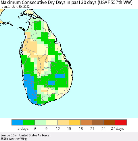 Sri Lanka Maximum Consecutive Dry Days in past 30 days (USAF 557th WW) 06/30/2022 Thematic Map For 6/26/2022 - 6/30/2022