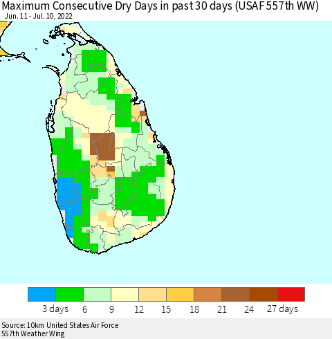 Sri Lanka Maximum Consecutive Dry Days in past 30 days (USAF 557th WW) 07/10/2022 Thematic Map For 7/6/2022 - 7/10/2022