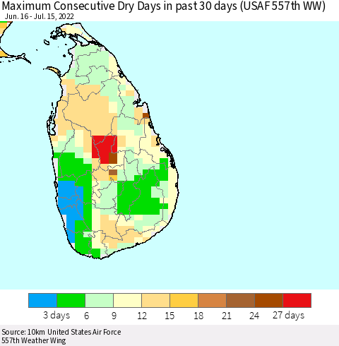 Sri Lanka Maximum Consecutive Dry Days in past 30 days (USAF 557th WW) 07/15/2022 Thematic Map For 7/11/2022 - 7/15/2022