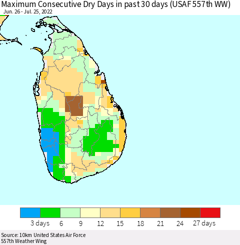 Sri Lanka Maximum Consecutive Dry Days in past 30 days (USAF 557th WW) 07/25/2022 Thematic Map For 7/21/2022 - 7/25/2022
