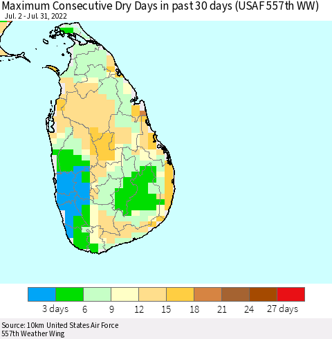 Sri Lanka Maximum Consecutive Dry Days in past 30 days (USAF 557th WW) 07/31/2022 Thematic Map For 7/26/2022 - 7/31/2022