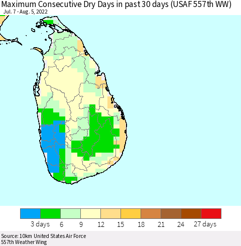 Sri Lanka Maximum Consecutive Dry Days in past 30 days (USAF 557th WW) 08/05/2022 Thematic Map For 8/1/2022 - 8/5/2022