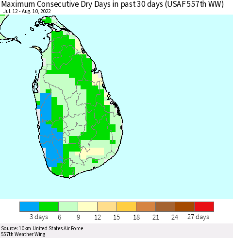 Sri Lanka Maximum Consecutive Dry Days in past 30 days (USAF 557th WW) 08/10/2022 Thematic Map For 8/6/2022 - 8/10/2022