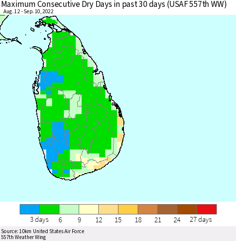 Sri Lanka Maximum Consecutive Dry Days in past 30 days (USAF 557th WW) 09/10/2022 Thematic Map For 9/6/2022 - 9/10/2022