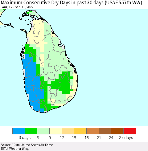 Sri Lanka Maximum Consecutive Dry Days in past 30 days (USAF 557th WW) 09/15/2022 Thematic Map For 9/11/2022 - 9/15/2022