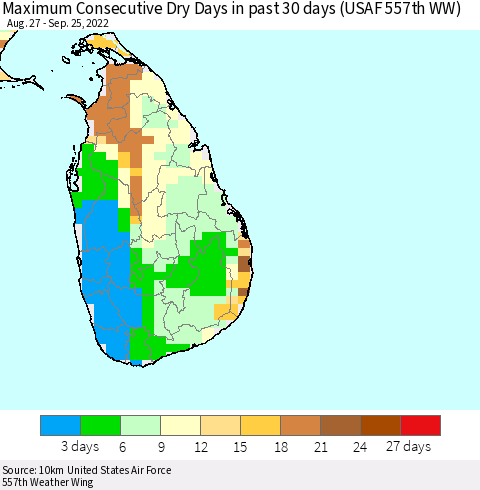 Sri Lanka Maximum Consecutive Dry Days in past 30 days (USAF 557th WW) 09/25/2022 Thematic Map For 9/21/2022 - 9/25/2022