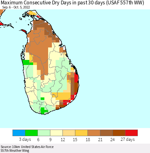 Sri Lanka Maximum Consecutive Dry Days in past 30 days (USAF 557th WW) 10/05/2022 Thematic Map For 10/1/2022 - 10/5/2022