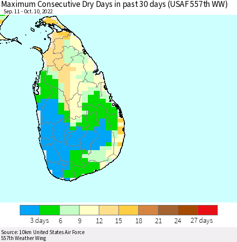 Sri Lanka Maximum Consecutive Dry Days in past 30 days (USAF 557th WW) 10/10/2022 Thematic Map For 10/6/2022 - 10/10/2022