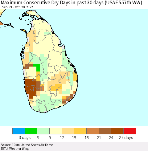 Sri Lanka Maximum Consecutive Dry Days in past 30 days (USAF 557th WW) 10/20/2022 Thematic Map For 10/16/2022 - 10/20/2022