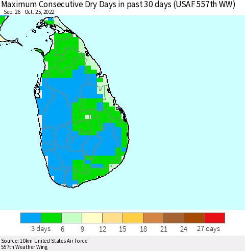 Sri Lanka Maximum Consecutive Dry Days in past 30 days (USAF 557th WW) 10/25/2022 Thematic Map For 10/21/2022 - 10/25/2022