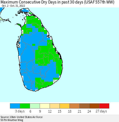 Sri Lanka Maximum Consecutive Dry Days in past 30 days (USAF 557th WW) 10/31/2022 Thematic Map For 10/26/2022 - 10/31/2022