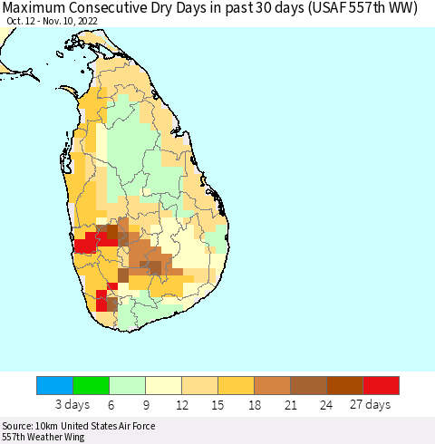 Sri Lanka Maximum Consecutive Dry Days in past 30 days (USAF 557th WW) 11/10/2022 Thematic Map For 11/6/2022 - 11/10/2022