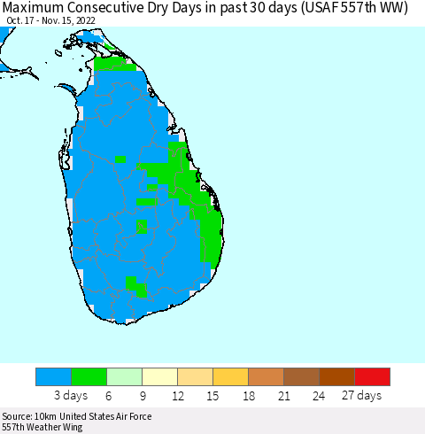 Sri Lanka Maximum Consecutive Dry Days in past 30 days (USAF 557th WW) 11/15/2022 Thematic Map For 11/11/2022 - 11/15/2022