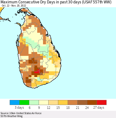 Sri Lanka Maximum Consecutive Dry Days in past 30 days (USAF 557th WW) 11/20/2022 Thematic Map For 11/16/2022 - 11/20/2022