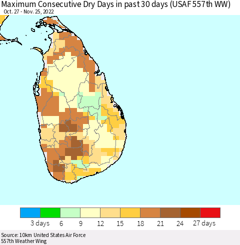 Sri Lanka Maximum Consecutive Dry Days in past 30 days (USAF 557th WW) 11/25/2022 Thematic Map For 11/21/2022 - 11/25/2022