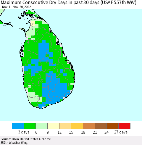 Sri Lanka Maximum Consecutive Dry Days in past 30 days (USAF 557th WW) 11/30/2022 Thematic Map For 11/26/2022 - 11/30/2022