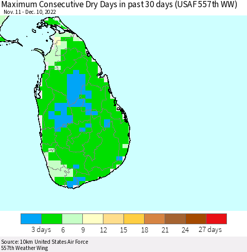 Sri Lanka Maximum Consecutive Dry Days in past 30 days (USAF 557th WW) 12/10/2022 Thematic Map For 12/6/2022 - 12/10/2022
