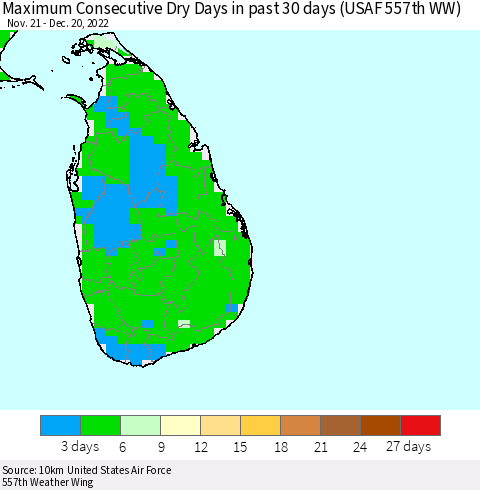 Sri Lanka Maximum Consecutive Dry Days in past 30 days (USAF 557th WW) 12/20/2022 Thematic Map For 12/16/2022 - 12/20/2022
