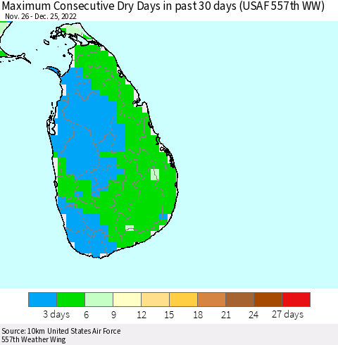 Sri Lanka Maximum Consecutive Dry Days in past 30 days (USAF 557th WW) 12/25/2022 Thematic Map For 12/21/2022 - 12/25/2022