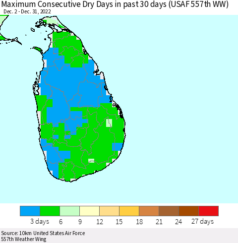 Sri Lanka Maximum Consecutive Dry Days in past 30 days (USAF 557th WW) 12/31/2022 Thematic Map For 12/26/2022 - 12/31/2022