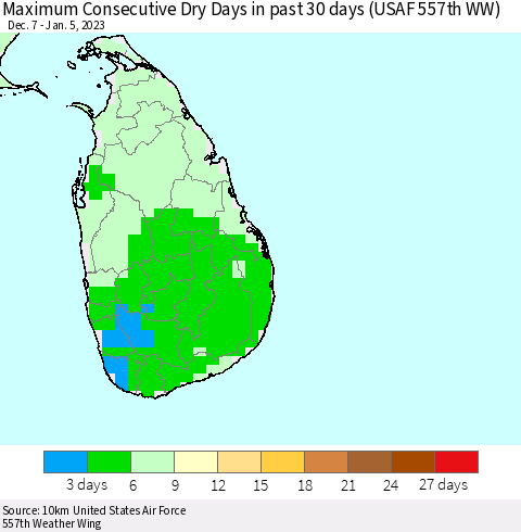 Sri Lanka Maximum Consecutive Dry Days in past 30 days (USAF 557th WW) 01/05/2023 Thematic Map For 1/1/2023 - 1/5/2023