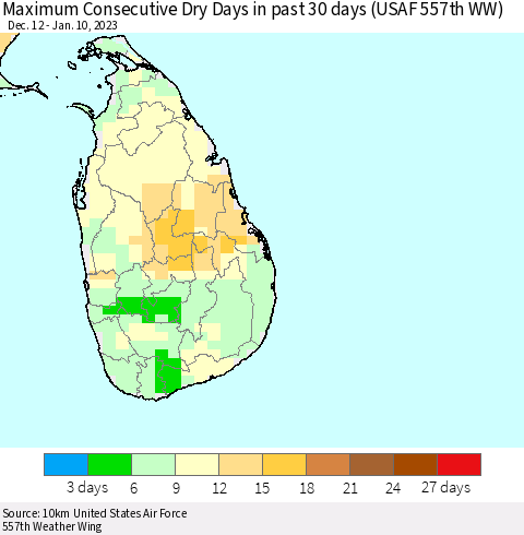 Sri Lanka Maximum Consecutive Dry Days in past 30 days (USAF 557th WW) 01/10/2023 Thematic Map For 1/6/2023 - 1/10/2023