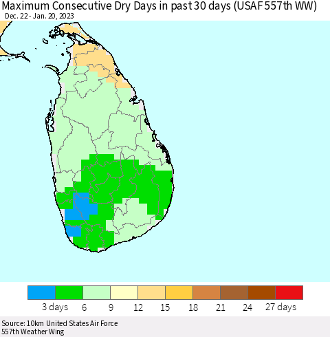 Sri Lanka Maximum Consecutive Dry Days in past 30 days (USAF 557th WW) 01/20/2023 Thematic Map For 1/16/2023 - 1/20/2023