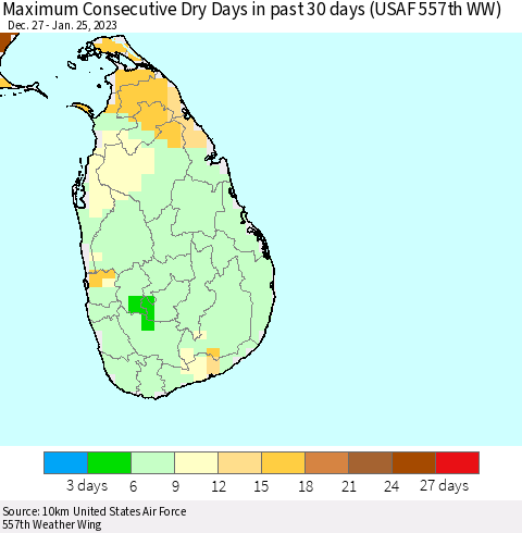 Sri Lanka Maximum Consecutive Dry Days in past 30 days (USAF 557th WW) 01/25/2023 Thematic Map For 1/21/2023 - 1/25/2023