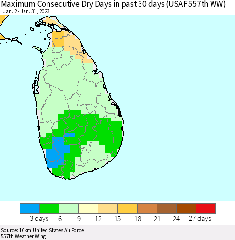 Sri Lanka Maximum Consecutive Dry Days in past 30 days (USAF 557th WW) 01/31/2023 Thematic Map For 1/26/2023 - 1/31/2023