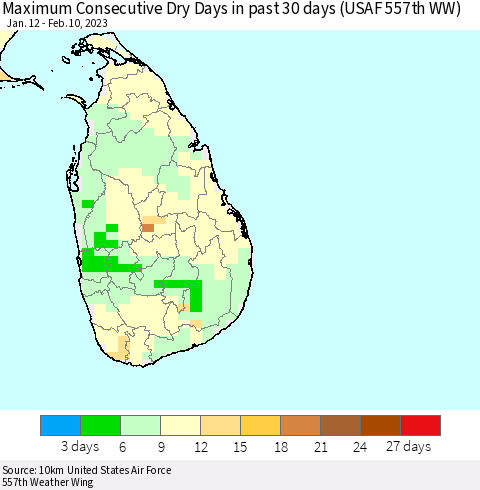 Sri Lanka Maximum Consecutive Dry Days in past 30 days (USAF 557th WW) 02/10/2023 Thematic Map For 2/6/2023 - 2/10/2023