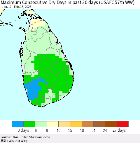 Sri Lanka Maximum Consecutive Dry Days in past 30 days (USAF 557th WW) 02/15/2023 Thematic Map For 2/11/2023 - 2/15/2023