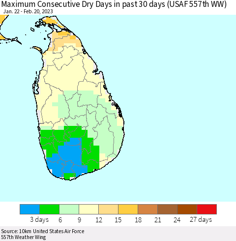 Sri Lanka Maximum Consecutive Dry Days in past 30 days (USAF 557th WW) 02/20/2023 Thematic Map For 2/16/2023 - 2/20/2023