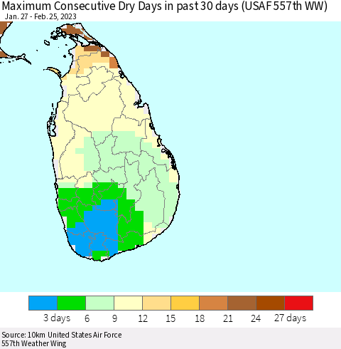 Sri Lanka Maximum Consecutive Dry Days in past 30 days (USAF 557th WW) 02/25/2023 Thematic Map For 2/21/2023 - 2/25/2023