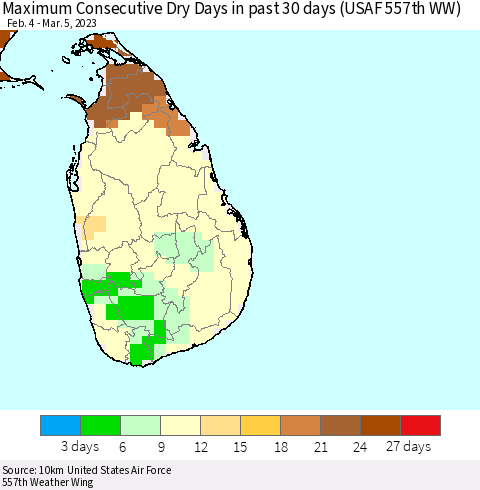 Sri Lanka Maximum Consecutive Dry Days in past 30 days (USAF 557th WW) 03/05/2023 Thematic Map For 3/1/2023 - 3/5/2023