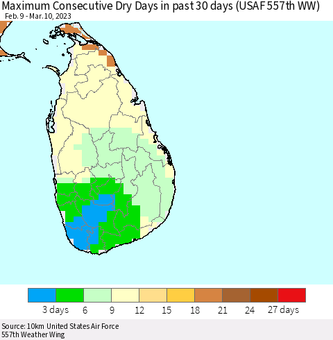Sri Lanka Maximum Consecutive Dry Days in past 30 days (USAF 557th WW) 03/10/2023 Thematic Map For 3/6/2023 - 3/10/2023