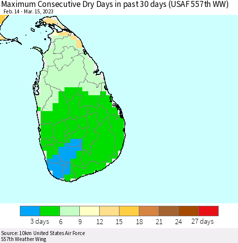 Sri Lanka Maximum Consecutive Dry Days in past 30 days (USAF 557th WW) 03/15/2023 Thematic Map For 3/11/2023 - 3/15/2023