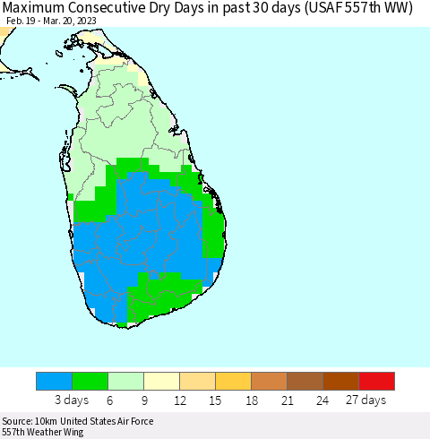 Sri Lanka Maximum Consecutive Dry Days in past 30 days (USAF 557th WW) 03/20/2023 Thematic Map For 3/16/2023 - 3/20/2023