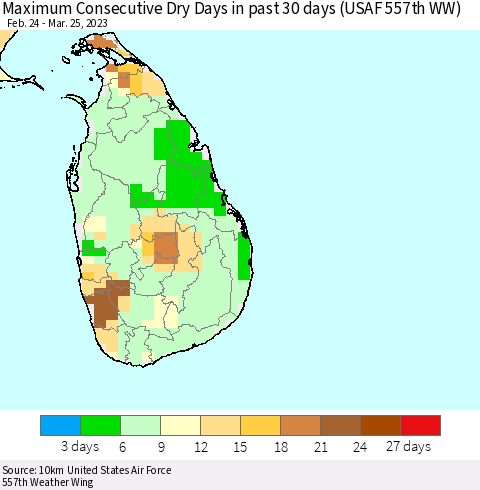 Sri Lanka Maximum Consecutive Dry Days in past 30 days (USAF 557th WW) 03/25/2023 Thematic Map For 3/21/2023 - 3/25/2023