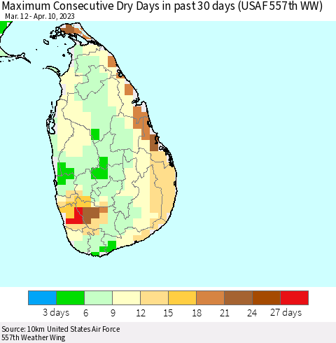 Sri Lanka Maximum Consecutive Dry Days in past 30 days (USAF 557th WW) 04/10/2023 Thematic Map For 4/6/2023 - 4/10/2023
