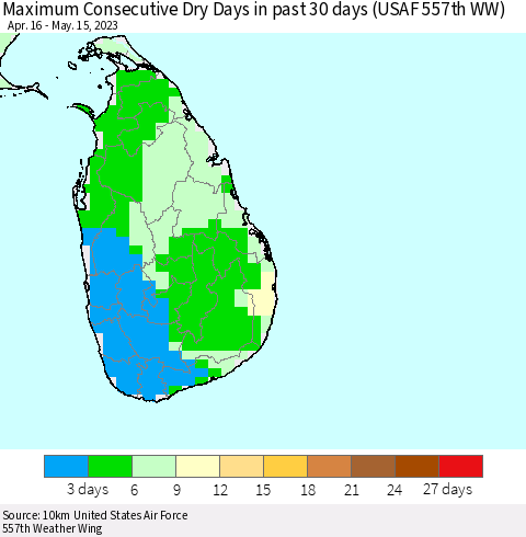 Sri Lanka Maximum Consecutive Dry Days in past 30 days (USAF 557th WW) 05/15/2023 Thematic Map For 5/11/2023 - 5/15/2023