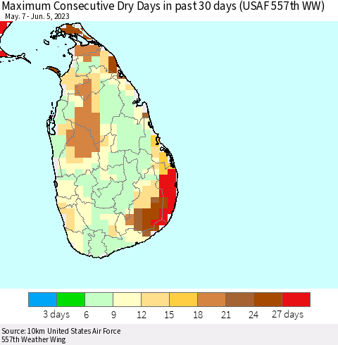 Sri Lanka Maximum Consecutive Dry Days in past 30 days (USAF 557th WW) 06/05/2023 Thematic Map For 6/1/2023 - 6/5/2023