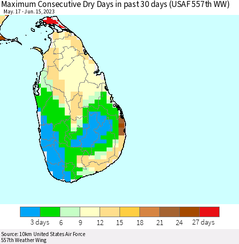 Sri Lanka Maximum Consecutive Dry Days in past 30 days (USAF 557th WW) 06/15/2023 Thematic Map For 6/11/2023 - 6/15/2023