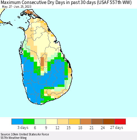 Sri Lanka Maximum Consecutive Dry Days in past 30 days (USAF 557th WW) 06/25/2023 Thematic Map For 6/21/2023 - 6/25/2023