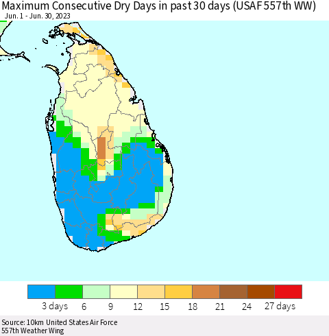 Sri Lanka Maximum Consecutive Dry Days in past 30 days (USAF 557th WW) 06/30/2023 Thematic Map For 6/26/2023 - 6/30/2023