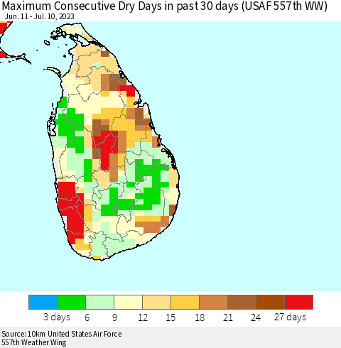 Sri Lanka Maximum Consecutive Dry Days in past 30 days (USAF 557th WW) 07/10/2023 Thematic Map For 7/6/2023 - 7/10/2023
