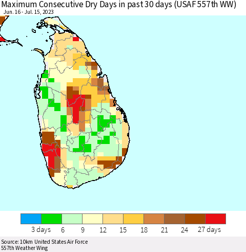 Sri Lanka Maximum Consecutive Dry Days in past 30 days (USAF 557th WW) 07/15/2023 Thematic Map For 7/11/2023 - 7/15/2023