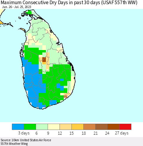 Sri Lanka Maximum Consecutive Dry Days in past 30 days (USAF 557th WW) 07/25/2023 Thematic Map For 7/21/2023 - 7/25/2023