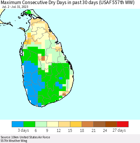 Sri Lanka Maximum Consecutive Dry Days in past 30 days (USAF 557th WW) 07/31/2023 Thematic Map For 7/26/2023 - 7/31/2023