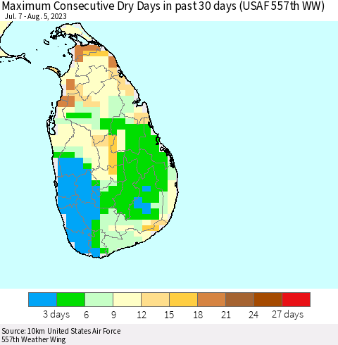 Sri Lanka Maximum Consecutive Dry Days in past 30 days (USAF 557th WW) 08/05/2023 Thematic Map For 8/1/2023 - 8/5/2023